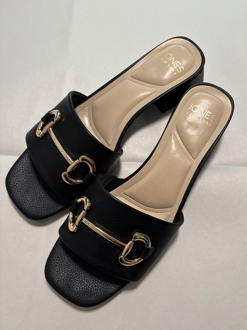 Jones New York Black Slide Mules with Gold Hardware Size 7